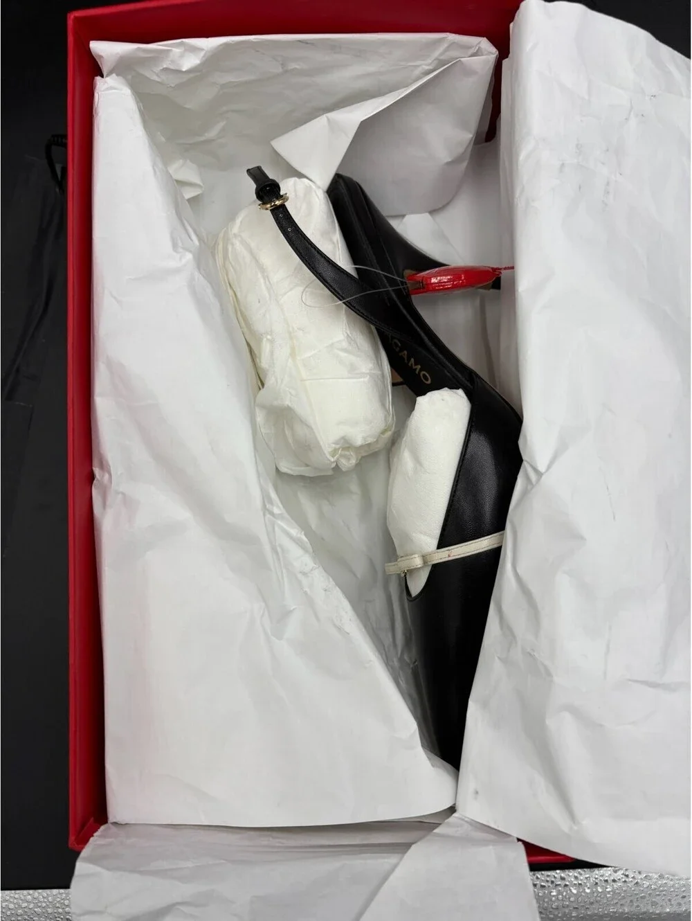 Ferragamo Black Leather Pointed Toe Slingback Heels with Off